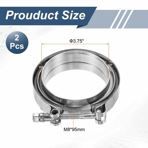 Two Piece V Band Clamp With Flange 3.75 Inch Stainless Steel Exhaust Clamp Kit for Auto Vehicles, M8x95 bolts shown.