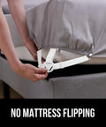 Adjusting patented bed sheet holders with elastic straps and metal clips on mattress, demonstrating secure fit.