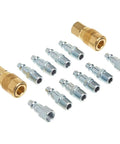 One Quarter Inch NPT M Style Air Coupler And Plug Kit Twelve Piece Set showing brass fittings and steel plugs for quick connects.