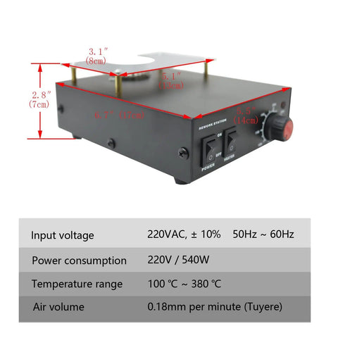 Workhorse Hot Air Preheater Station 853B 220V 540W with dimensions and specifications displayed.