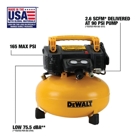 Pancake Air Compressor 6 Gallon 165 PSI Portable Electric Air Pump with 2.6 SCFM at 90 PSI, yellow and black design, USA made.