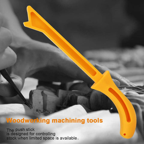 Safety Yellow Push Stick For Table Saw And Other Woodworking Tools Keeps Hands Safe Guides Stock On Table Saws Routers Shapers And Jointer Prevents Kickback Pro Quality Woodworking Accessory in use, showing ergonomic design.