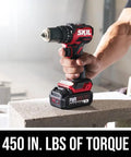 Person using Power Core 20 Brushless 20V Compact Three In One Hammer Drill Kit With One Half Inch Keyless Chuck on concrete block