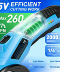 Heavy Duty Electric Scissors For Cardboard Cutting Cordless Rechargeable Box Cutter With Tungsten Steel Blade 260Rpm High Speed Power Tool showing battery and speed specifications.