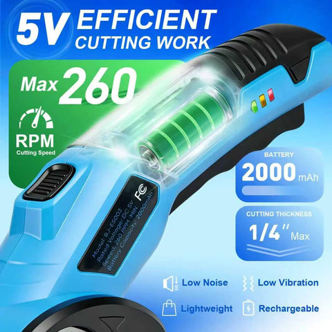 Heavy Duty Electric Scissors For Cardboard Cutting Cordless Rechargeable Box Cutter With Tungsten Steel Blade 260Rpm High Speed Power Tool showing battery and speed specifications.