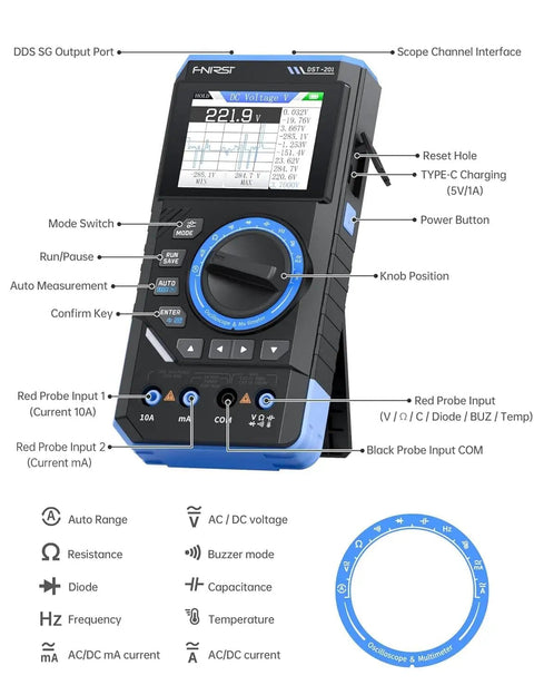 Front view of 3In1 Digital Multimeter With Built In Oscilloscope And DDS Generator 19999 Counts TRMS showing controls and ports.