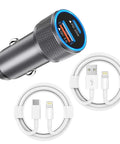 MFi Certified 38W Dual Port Car Charger With USB C Turbo Fast Charge 0 To 50 Percent In 30 Minutes Adapter and Two 3 Foot Cables