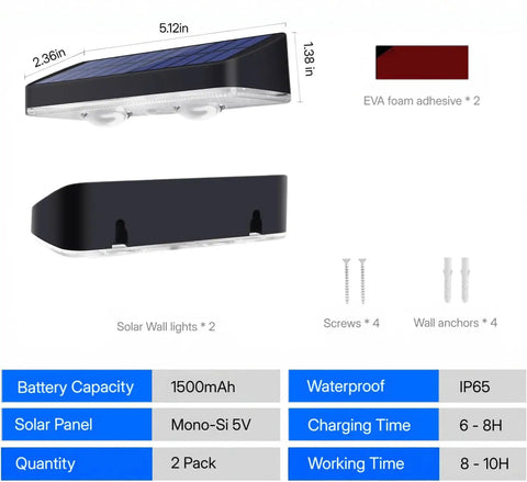 Heavy Duty Solar Wall Lights Outdoor Waterproof For Fence Or Mailbox Or Address Sign Offering Three Light Modes With Warm Daylight And Cool White Colors Using Wide Angle Focus Lens Delivering Kickass Yard Illumination, showing dimensions and accessories.