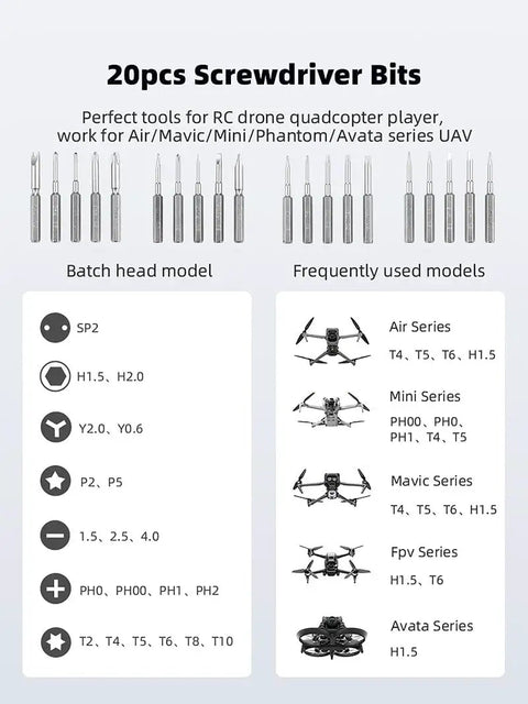Image showing 20pcs screwdriver bits compatible with DJI drones and RC models, part of 36 In 1 Screwdriver Set For DJI Drones And RC Toys Repair Tool Kit