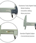 Comparison of IP54 Rated Digital Caliper With Inch, Metric, And Fraction Conversion showing smoother operation vs. standard caliper.