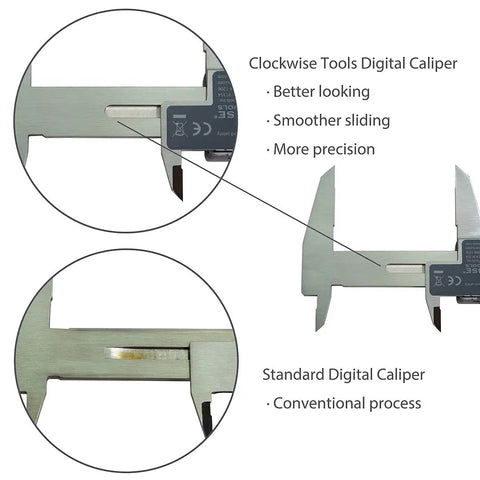 Comparison of IP54 Rated Digital Caliper With Inch, Metric, And Fraction Conversion showing smoother operation vs. standard caliper.