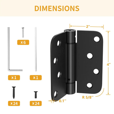 Top Shelf 3 Pack Self Closing Door Hinges 4 Inch Black With Heavy Duty Steel Build dimensions and included hardware.