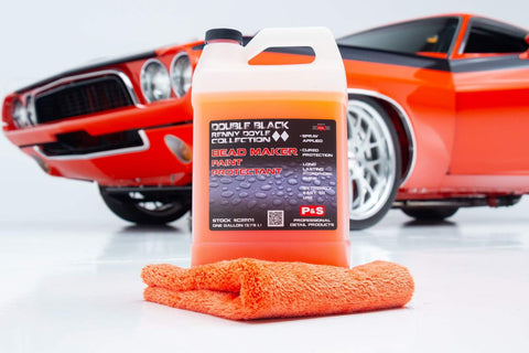Bead Maker Paint Sealant For No Fuss Spray And Wipe Protection One Gallon next to an orange car and towel on a white surface