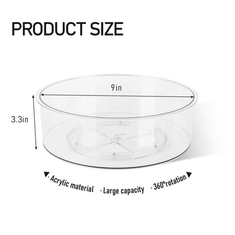 Large Capacity Medicine Bottle Organizer For Cabinet With 9 In Diameter And 3.3 In Height, Clear Lazy Susan, showing size details.