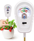 Three In One Soil Test Kit For Moisture PH And Fertility With Easy To Read Readouts For Garden Lawn Farm Use Indoors Or Outdoors Snow Glow White shown in use with potted plant.