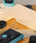 8 Pc Aluminum Alloy Bench Dog Pack heavy duty clamps fitted in workbench for 19 and 20 mm dog holes aiding milling cuts.