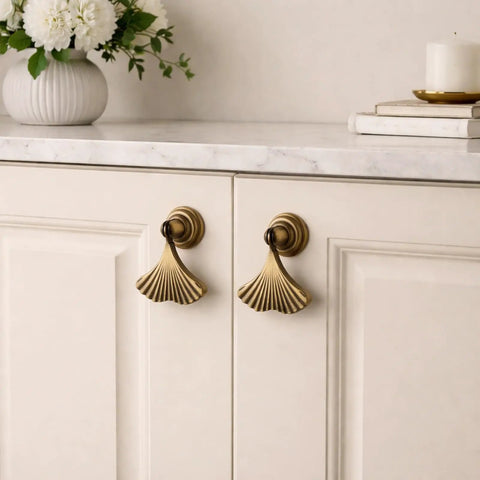 Gold Cabinet Knobs 4 Pack Fan Shaped Drawer Handles Made From Solid Zinc Alloy on white cabinet doors