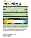 Lighting facts label for 180 Degree LED Motion Security Light showing lumens, watts, and color temperature.