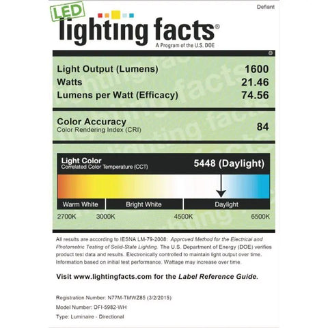 Lighting facts label for 180 Degree LED Motion Security Light showing lumens, watts, and color temperature.