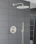 Two Function Shower Faucet Set With Wall Mount High Pressure Brass Valve And Rough In Included Handheld Showerhead 10 Inch Round Rainfall Shower Head Brushed Nickel Finish SUS304 Stainless Steel Construction Premium Bathroom Upgrade displayed in modern bathroom