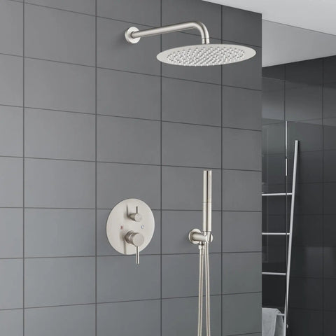 Two Function Shower Faucet Set With Wall Mount High Pressure Brass Valve And Rough In Included Handheld Showerhead 10 Inch Round Rainfall Shower Head Brushed Nickel Finish SUS304 Stainless Steel Construction Premium Bathroom Upgrade displayed in modern bathroom