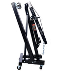 Two Ton Folding Engine Hoist Cherry Picker Shop Crane Made From Badass Heavy Duty Steel With Six Smooth Caster Wheels For No Sweat Engine Pull Downs And Grease Monkey Approved Garage Use Black side view showing hydraulic arm and casters.
