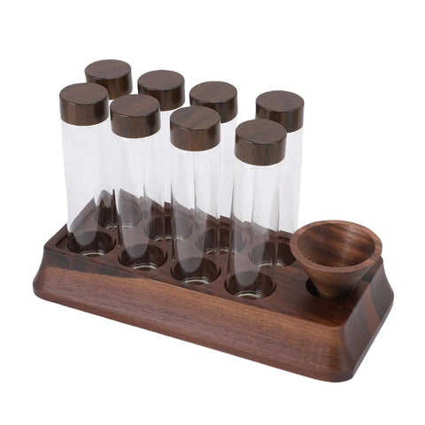 Slay Your Kitchen Game With This Top Shelf Airtight Coffee Bean Cellar featuring durable walnut wood and sleek glass tubes for storage.