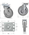 Heavy Hitter Grade Rubber Caster Wheels 5 Inch Industrial Casters Set Of 4 with dimensions, showing swivel and rigid options.