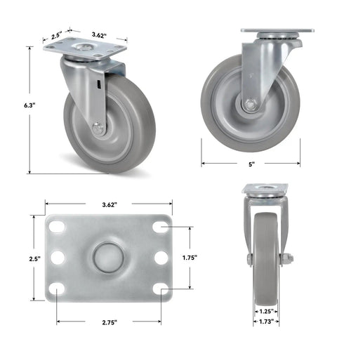 Heavy Hitter Grade Rubber Caster Wheels 5 Inch Industrial Casters Set Of 4 with dimensions, showing swivel and rigid options.