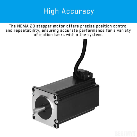 Front view of BESJMYT NEMA 23 stepper motor with attached cable, black aluminum housing, 2-phase bipolar