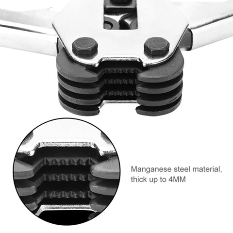 Close-up view of Heavy Duty Manual Plastic Strap Tensioner Sealer Kit's manganese steel cutter, showing serrated edges and bolt detail.