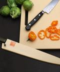 Magnetic Oak Saya Cover For Sujihiki Slicer 270mm Blade Built To Last American Oak Knife Protector on cutting board