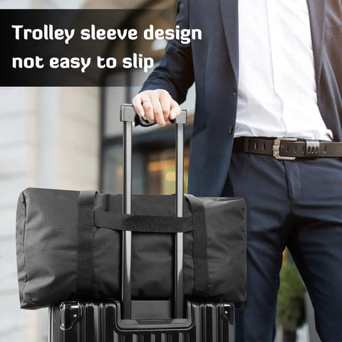 Beefy 56L 24Inch Sports Duffel Bag Set with Upgraded Zipper, water-resistant, shown on luggage trolley, focus on trolley sleeve.