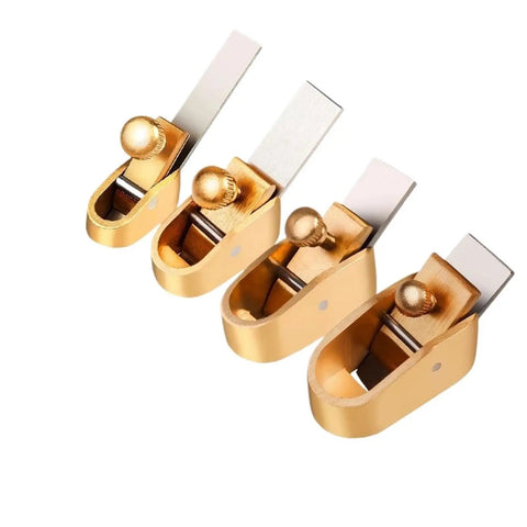 Set Of Four Heavy Duty Violin Finger Planer And String Cutter Tools featuring gold steel frames for precise wood adjustments.