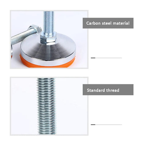 Close-up of Heavy Duty Carbon Steel Straightener Base With Adjustable Threaded Leveling Feet And Orange Durable Pads.