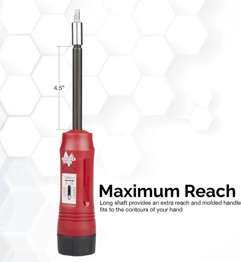 Torque Screwdriver Set With Long Shank And Inch Pound Gauge showing 4.5-inch shaft and ergonomic handle design.
