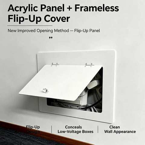 Slick Drywall Access Panel With a Quick Grab Ring Pull Handle for Plumbing Cleanouts and Electrical Boxes showing a flip-up cover.