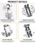 4 Pack Concealed Kitchen Cabinet Hinges With Full Overlay Alignment 105 Degree Soft Close Adjustable Includes 24 Mounting Screws For Easy Install Two Pairs Per Pack product details showing cold rolled steel material, hydraulic forging rod, premium materials, ultra quiet buffer.