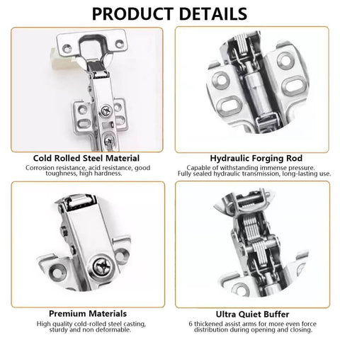 4 Pack Concealed Kitchen Cabinet Hinges With Full Overlay Alignment 105 Degree Soft Close Adjustable Includes 24 Mounting Screws For Easy Install Two Pairs Per Pack product details showing cold rolled steel material, hydraulic forging rod, premium materials, ultra quiet buffer.