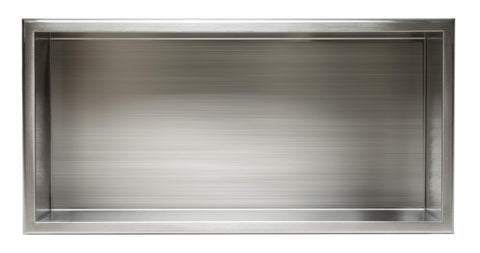 Front view of Ready To Mount 24 X 12 Inch Brushed Stainless Steel Bath Shower Niche With Horizontal Single Shelf No Tile Work Needed Ultra Durable