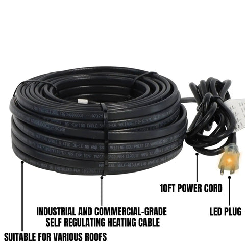 Coiled Industrial-Grade Self Regulating Heating Cable, 100 Feet, 120V, with 10-foot cold lead, UL and ETL certified, heavy-duty build.
