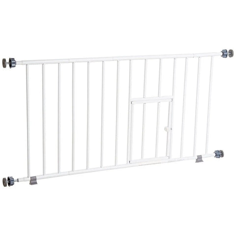 Expandable Indoor Dog Gate With Small Pet Door, Adjustable 18 To 30.75 Inches Wide, 18 Inch Tall, Pressure Mounted Metal Barrier, White