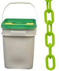 Plastic Barrier Chain Pail With 300 Feet Of 1.5 Inch Link Diameter For Quick Indoor And Outdoor Crowd Control Visual Barriers And Access Restriction In Safety Green showing safety green chain and white pail with green lid.
