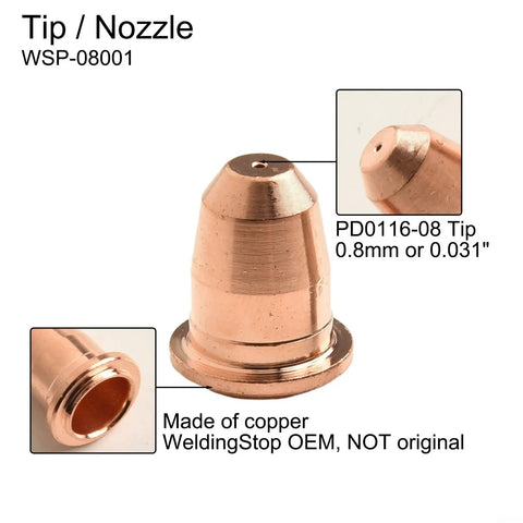 Copper 0.8mm plasma cutter tip for 20 Piece Plasma Cutter Torch Electrodes And Nozzles Set 0.8mm Nozzle gear.