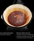 Five Cup Coffee Maker With Glass Carafe Bean To Cup Espresso Machine Automatic Intelligent Commercial Brew showing steaming coffee grounds in filter