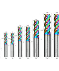 Front view: set of 8 DLC-coated carbide end mills, 3-flute square ends, sizes 1/8"–3/4" for aluminum and composites