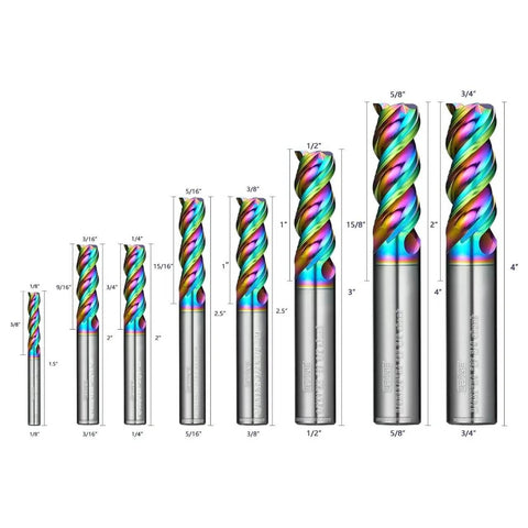 Front view: set of 8 DLC-coated carbide end mills, 3-flute square ends, sizes 1/8"–3/4" for aluminum and composites