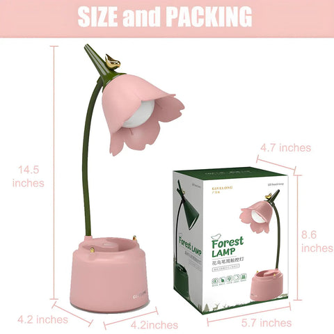 Cute LED Desk Lamp With Flower And Bird Design For Desk Or Nightstand USB Rechargeable lamp with box and dimensions listed