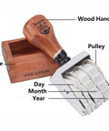 Dope Self Inking Roller Date Stamp Featuring Adjustable Day Month And Year Settings From 2025 To 2036 with wood handle and solid base.