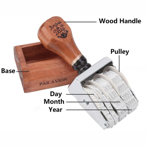 Dope Self Inking Roller Date Stamp Featuring Adjustable Day Month And Year Settings From 2025 To 2036 with wood handle and solid base.